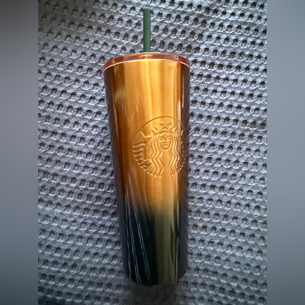 Starbucks Metallic Gold and Black Tumbler with Green Straw